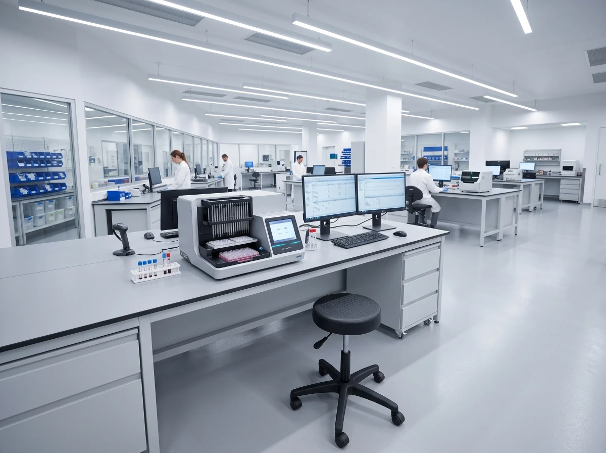 Mobilny taboret laboratoryjny na kółkach w sali analitycznej